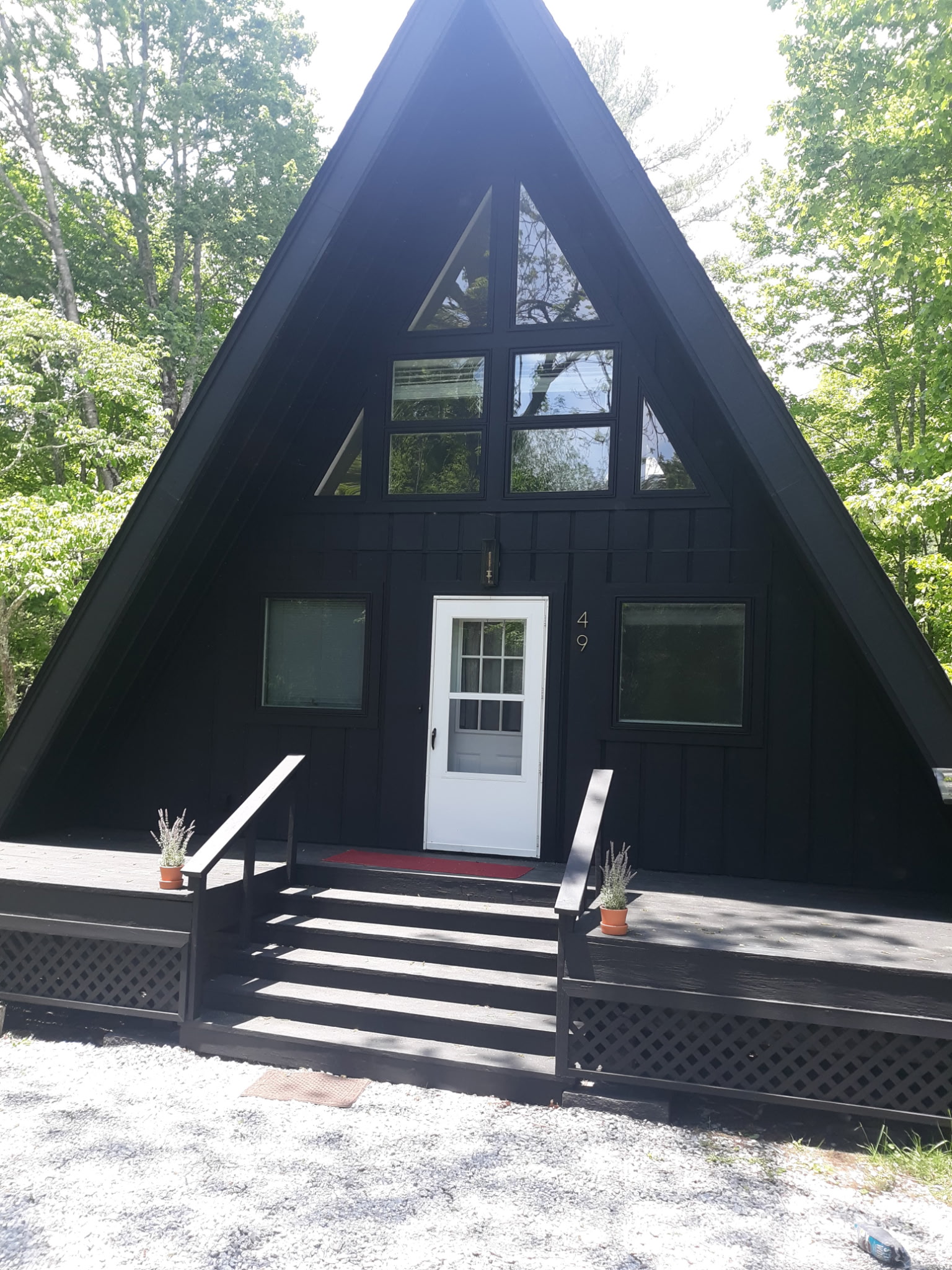 Modern black A-frame mountain home with crisp painted exterior — Flying Colors Painting