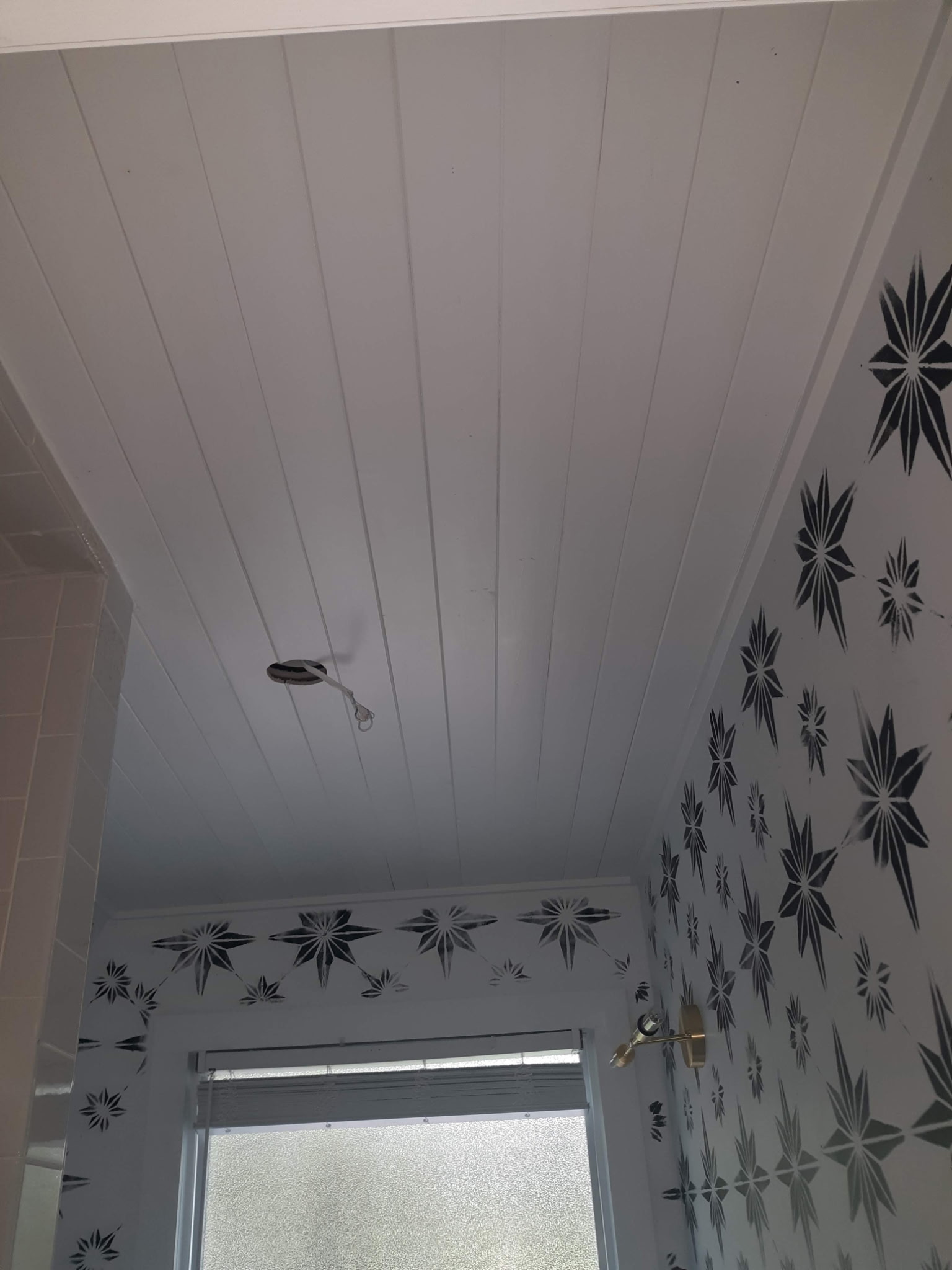 Bathroom with white tongue-and-groove ceiling and decorative wall stencil